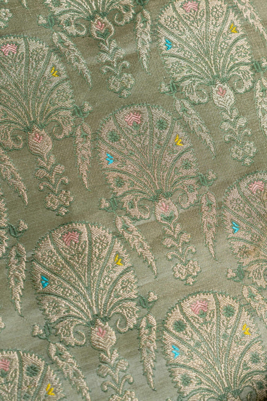 Satin Silk Kadhwa Brocade Fabric in Sea green with Peacock Motifs