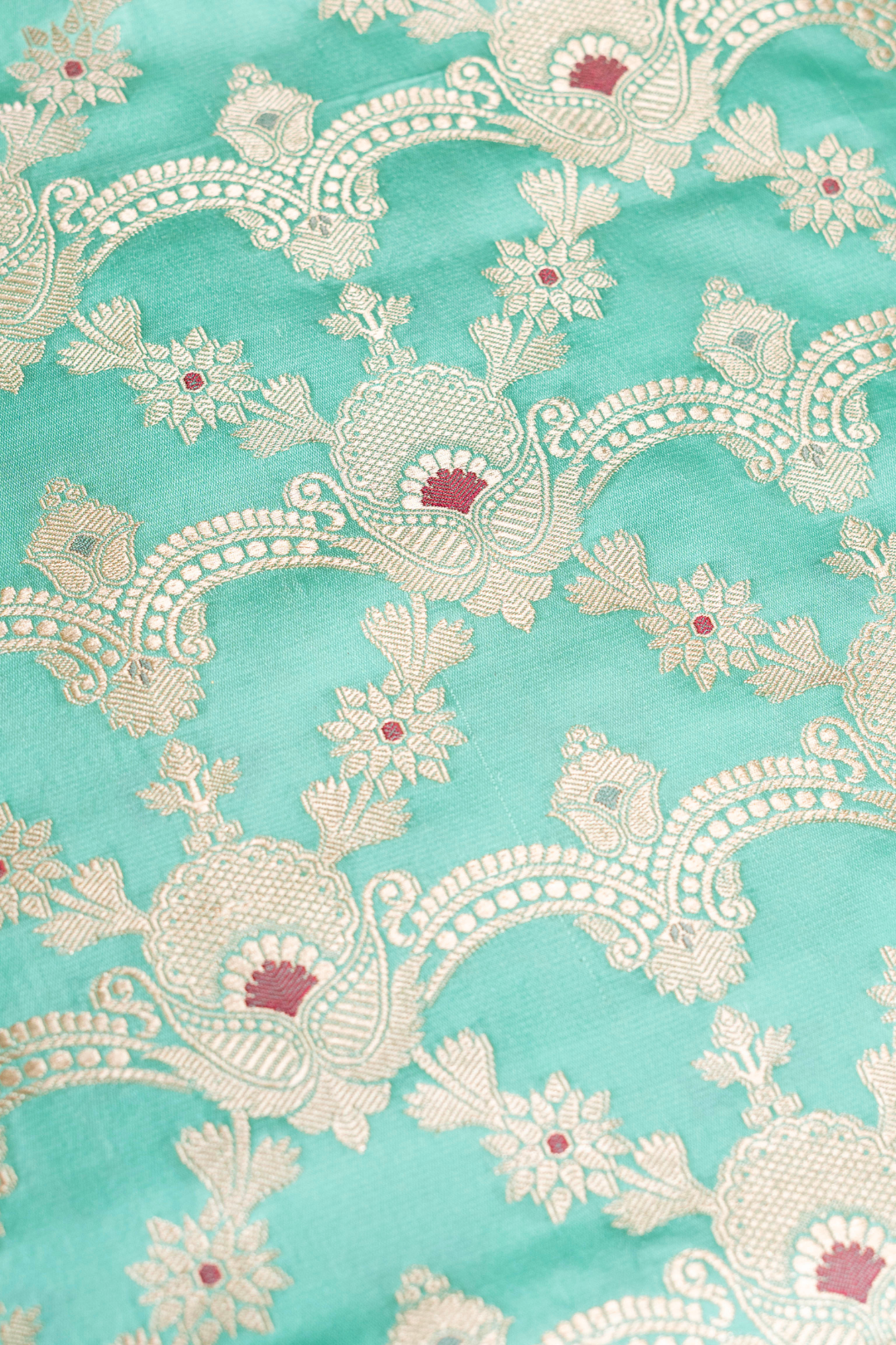 Satin Silk Kadhwa Brocade Fabric in Sea Green