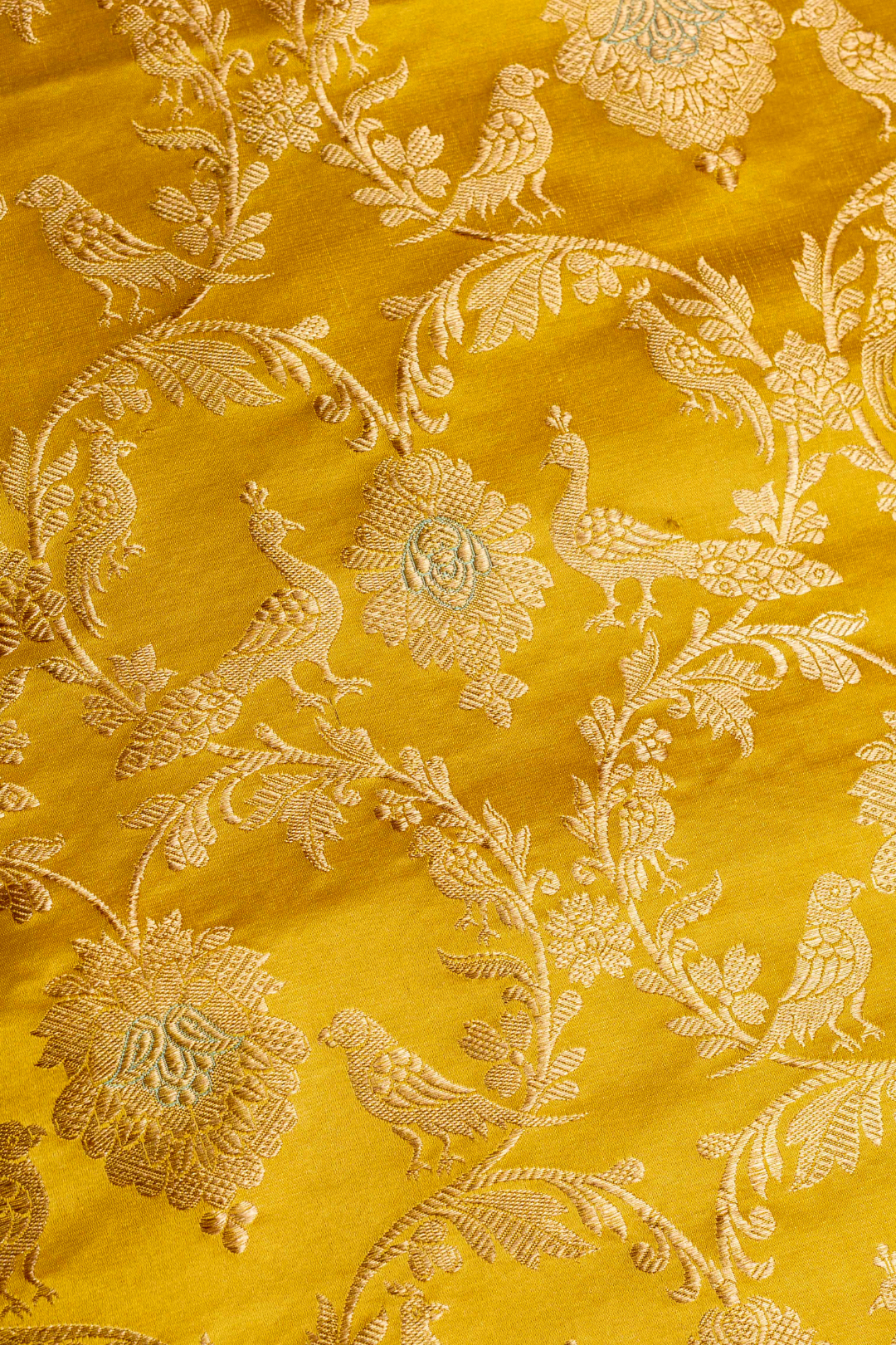 Satin Silk Kadhwa Brocade Fabric in Mustard