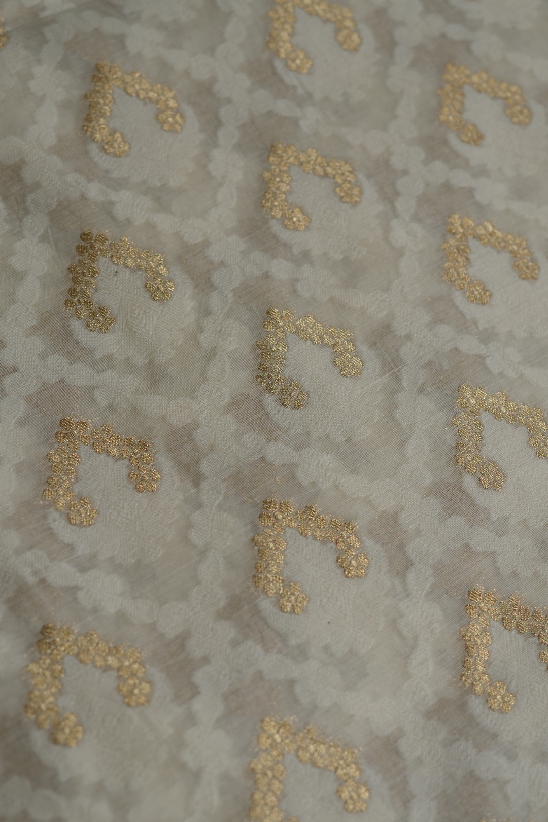 Handwoven Ivory Cotton Fabric with Gold Zari Work