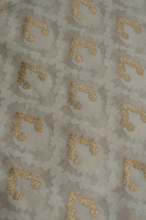 Handwoven Ivory Cotton Fabric with Gold Zari Work