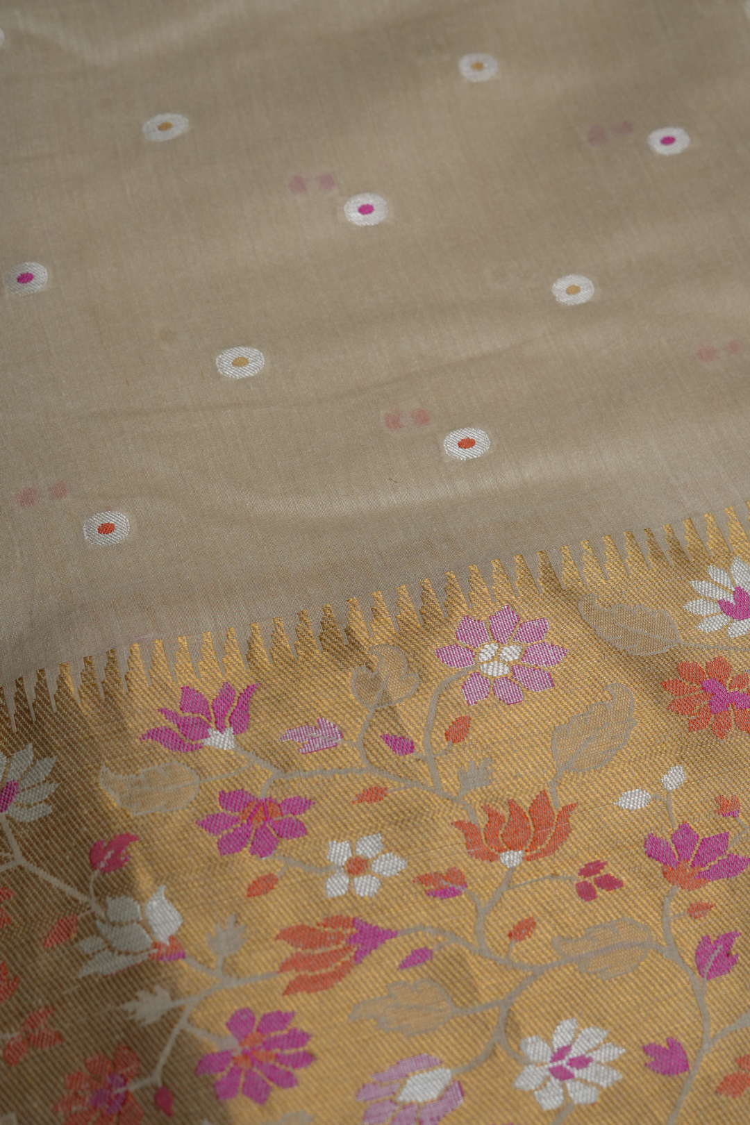 Handwoven Munga Silk Fabric with Gold Zari Floral Border