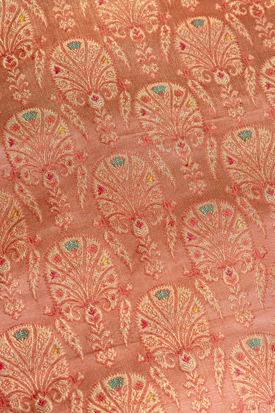 Satin Silk Kadhwa Brocade Fabric in Peach with Peacock Motifs