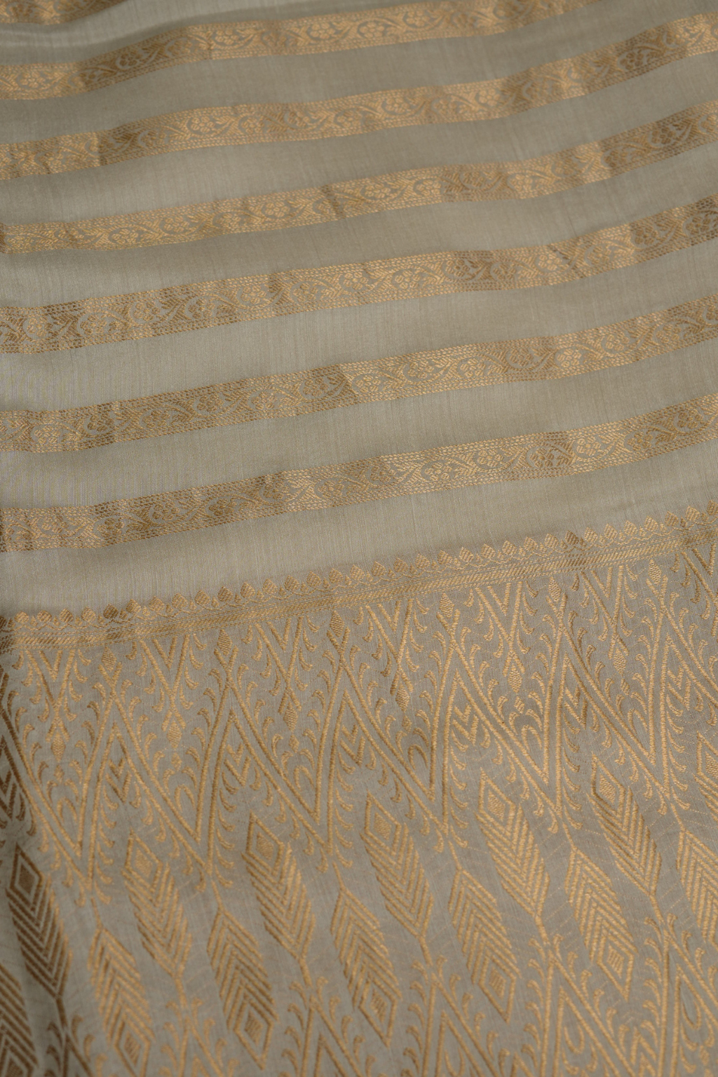Handwoven Ivory Munga Silk Fabric with Gold Zari Stripes and Border