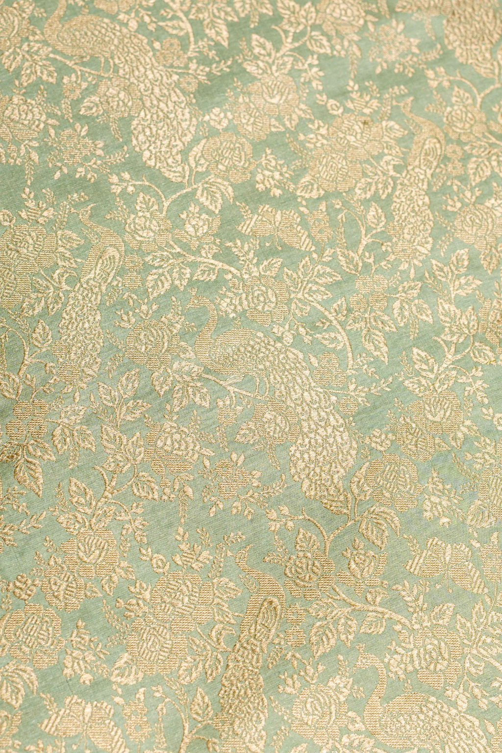 Pure Katan Silk Kadhwa Brocade Fabric in Sea green with Peacock Motifs