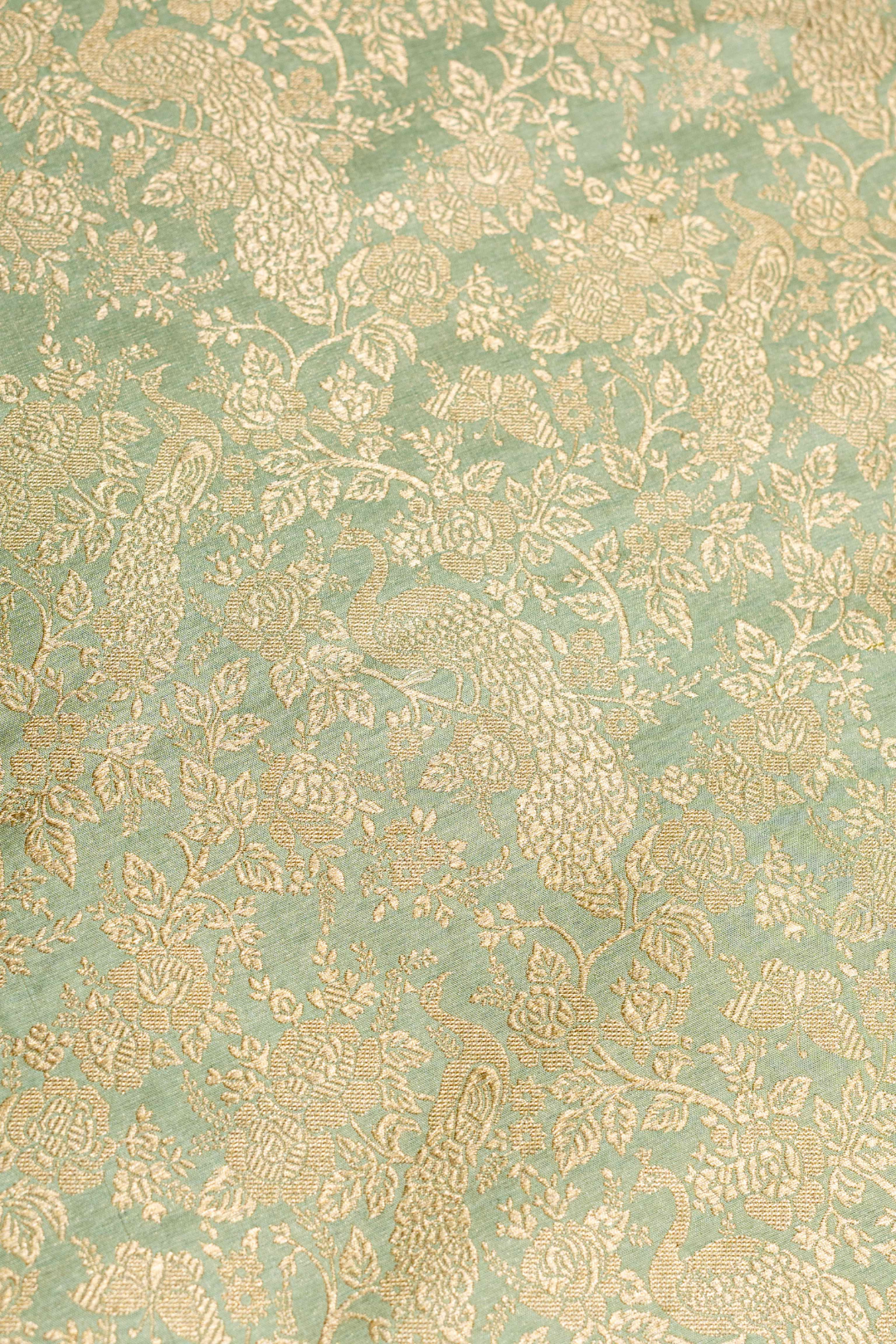 Pure Katan Silk Kadhwa Brocade Fabric in Sea green with Peacock Motifs