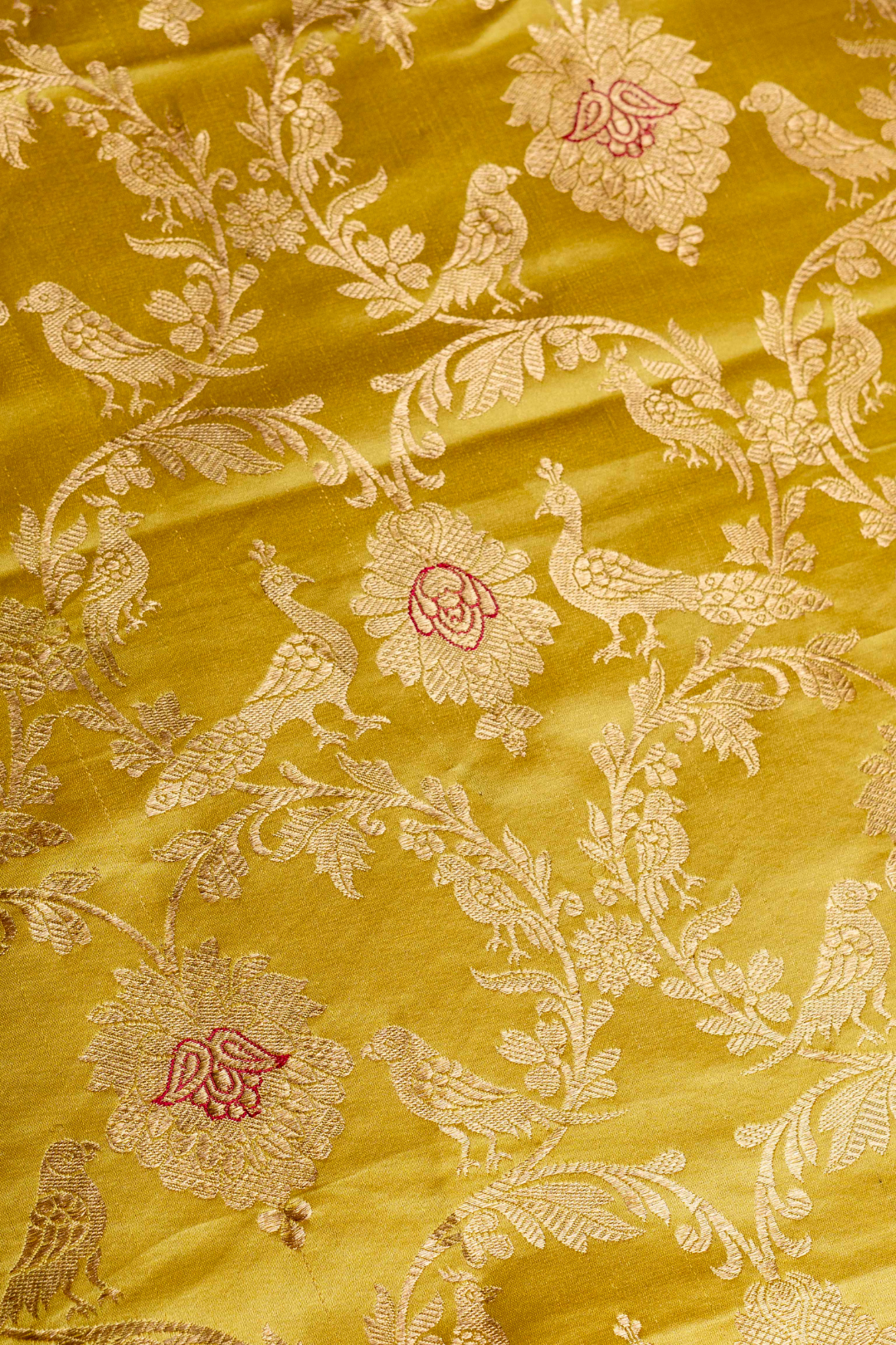 Satin Silk Kadhwa Brocade Fabric in Yellow