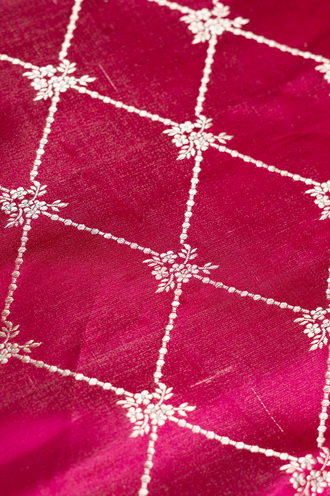 Pure Satin Silk Kadhwa Jaal Brocade Fabric in Rani Pink