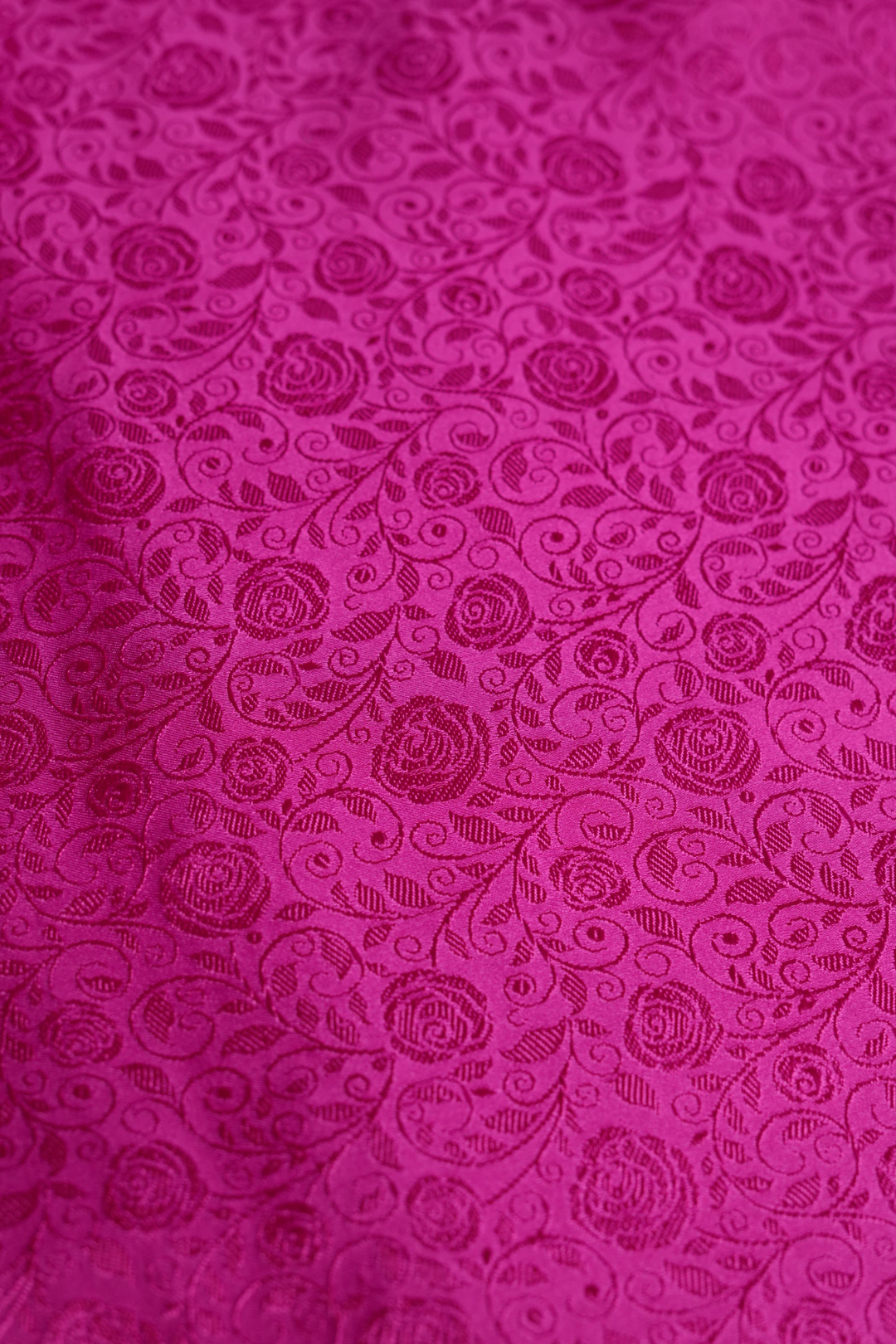 Semi Satin Silk Fabric in Rani Pink with Floral jaal