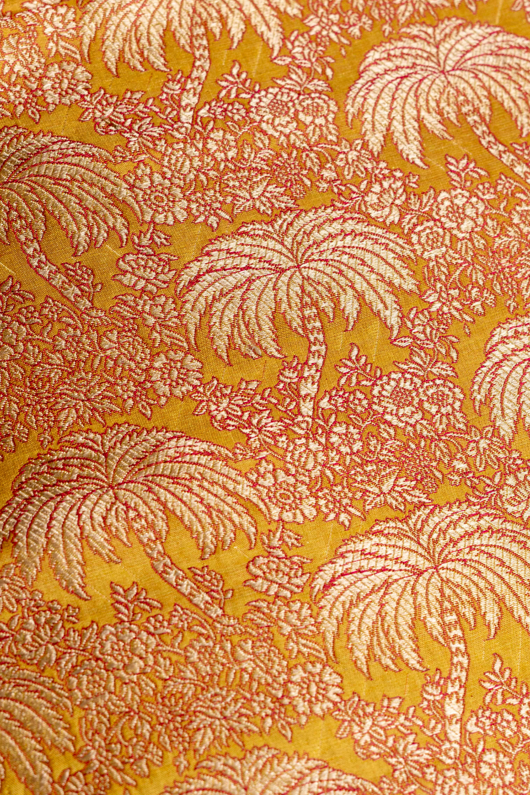 Pure Katan Silk Kadhwa Fabric in Peachy Orange with Palm Tree Buti Motifs