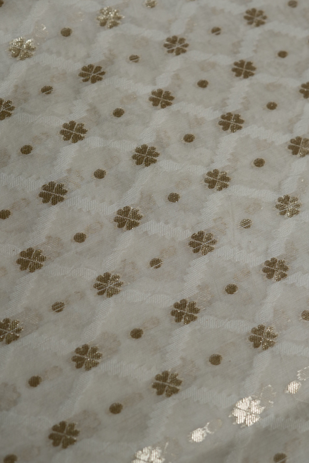 Handwoven Ivory Cotton Fabric with Gold Zari Floral motifs