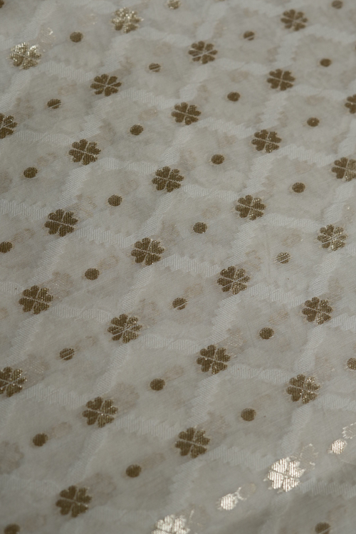 Handwoven Ivory Cotton Fabric with Gold Zari Floral motifs