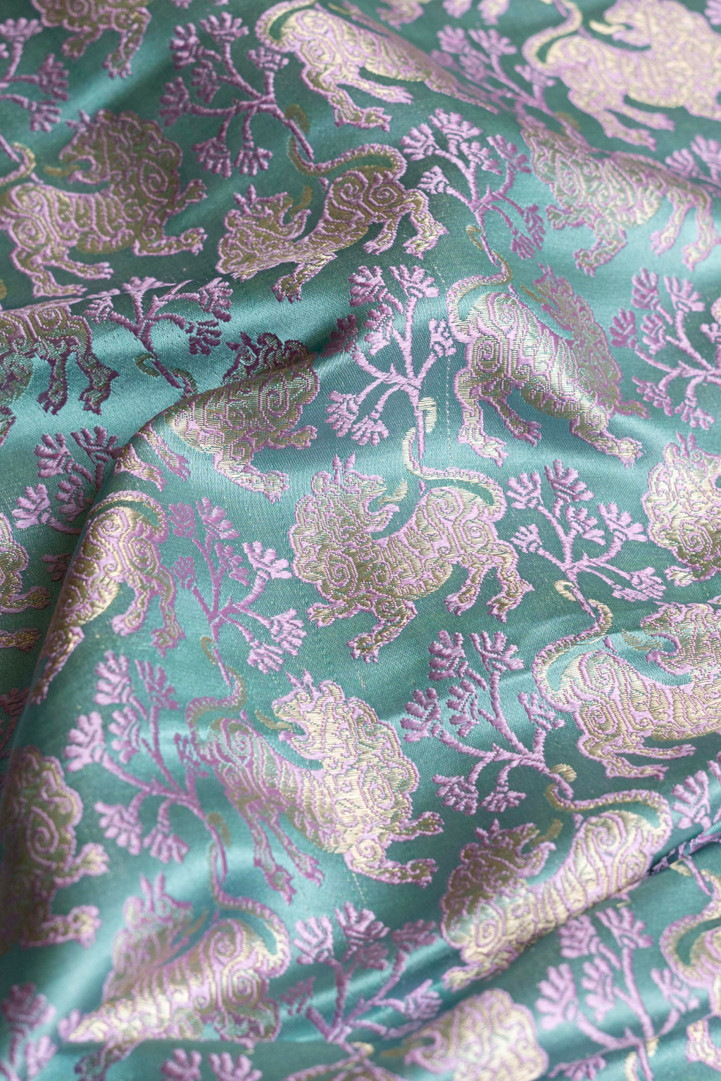 Handwoven Sea Green Satin Silk Kadhwa Fabric with Shikargah