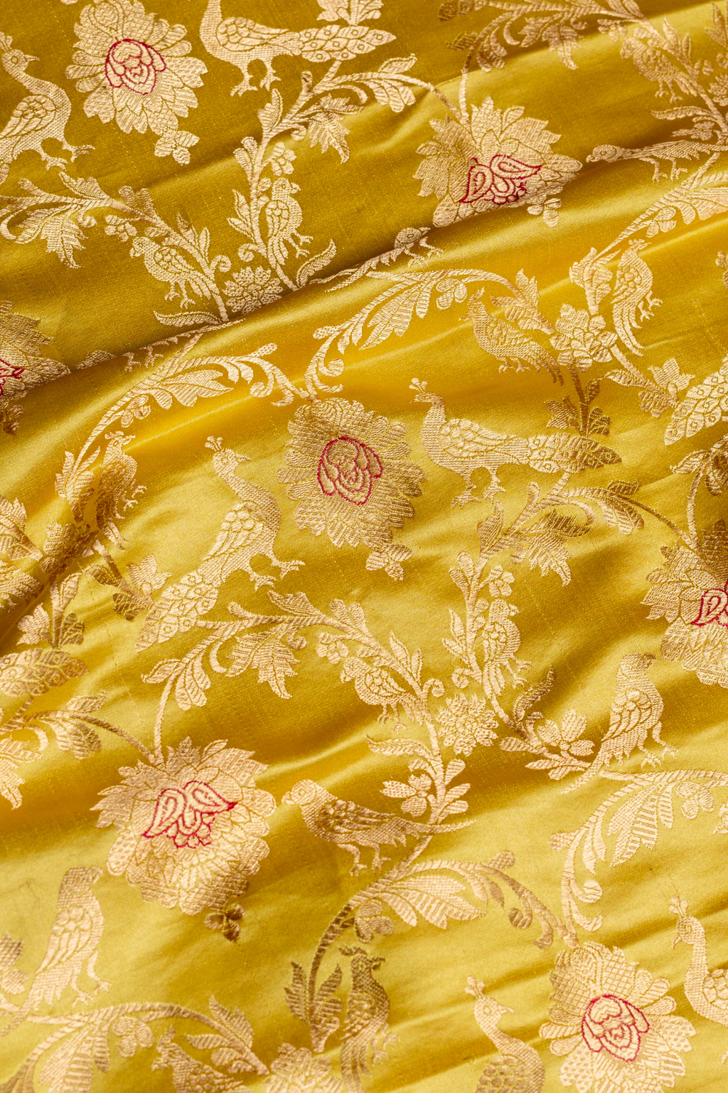 Satin Silk Kadhwa Brocade Fabric in Yellow