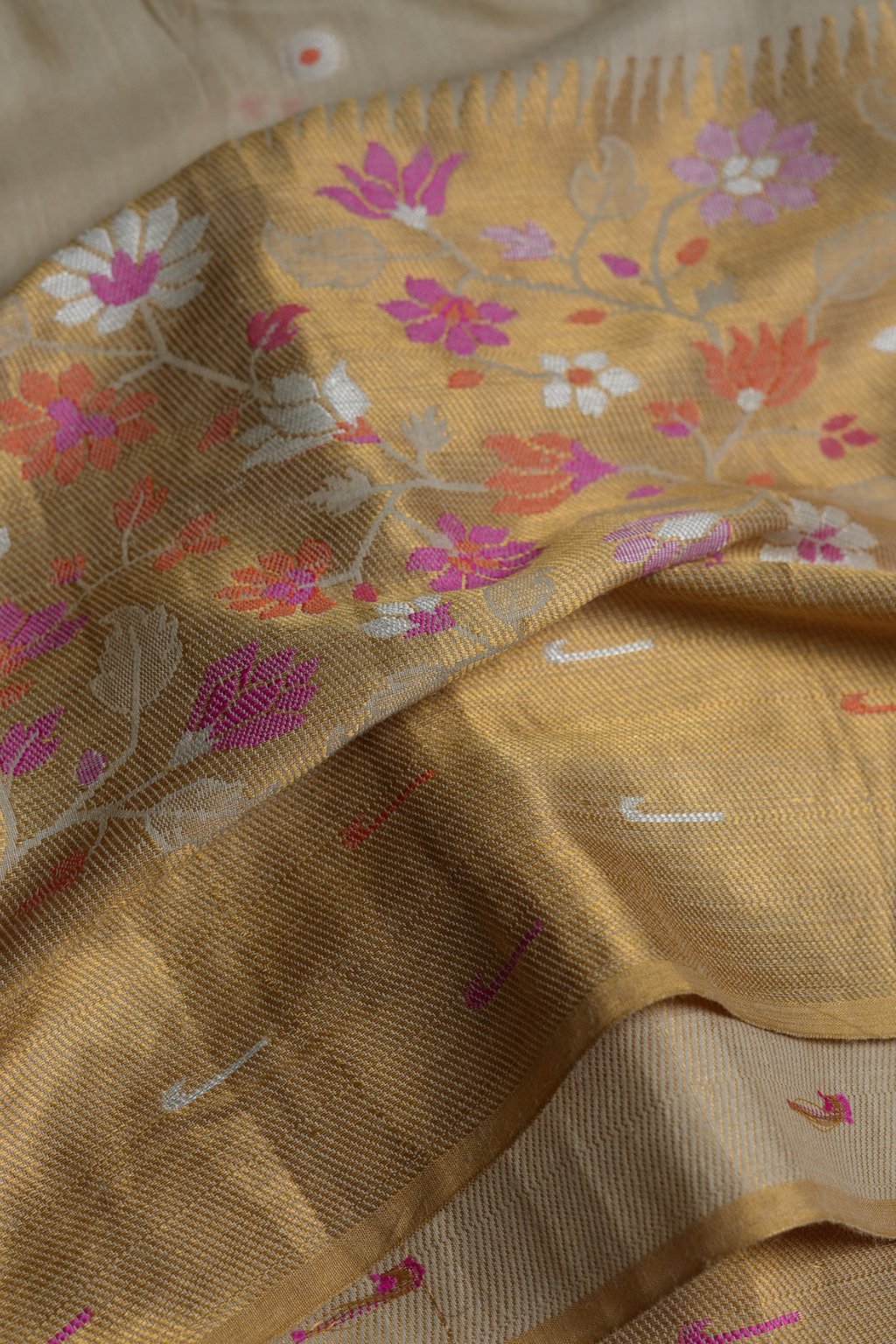 Handwoven Munga Silk Fabric with Gold Zari Floral Border