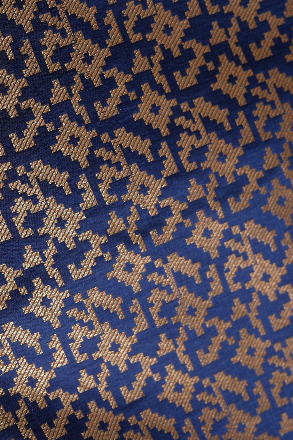 Semi Satin Silk Fabric in Navy Blue with Gold Geometric Motifs