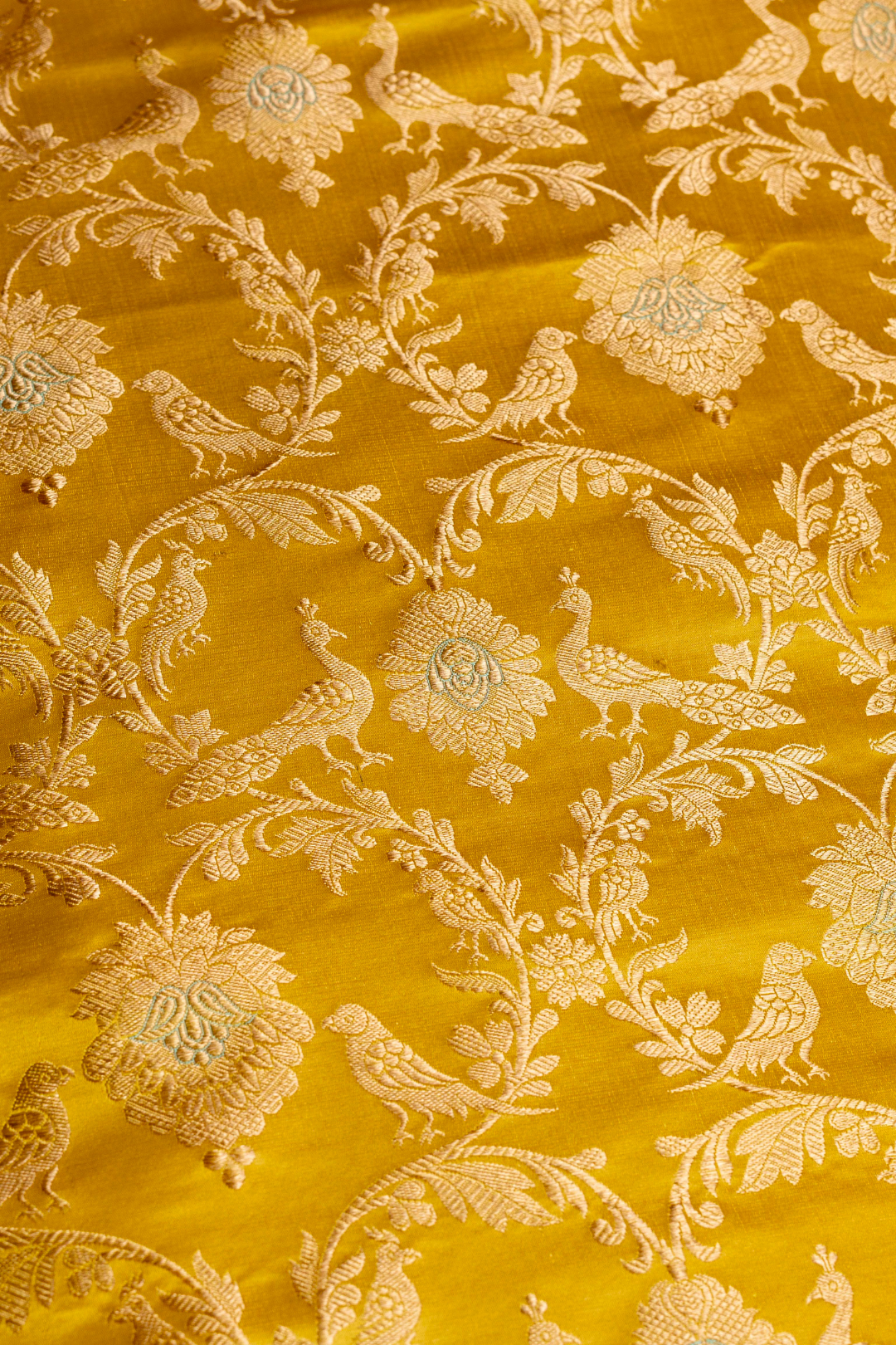 Satin Silk Kadhwa Brocade Fabric in Mustard