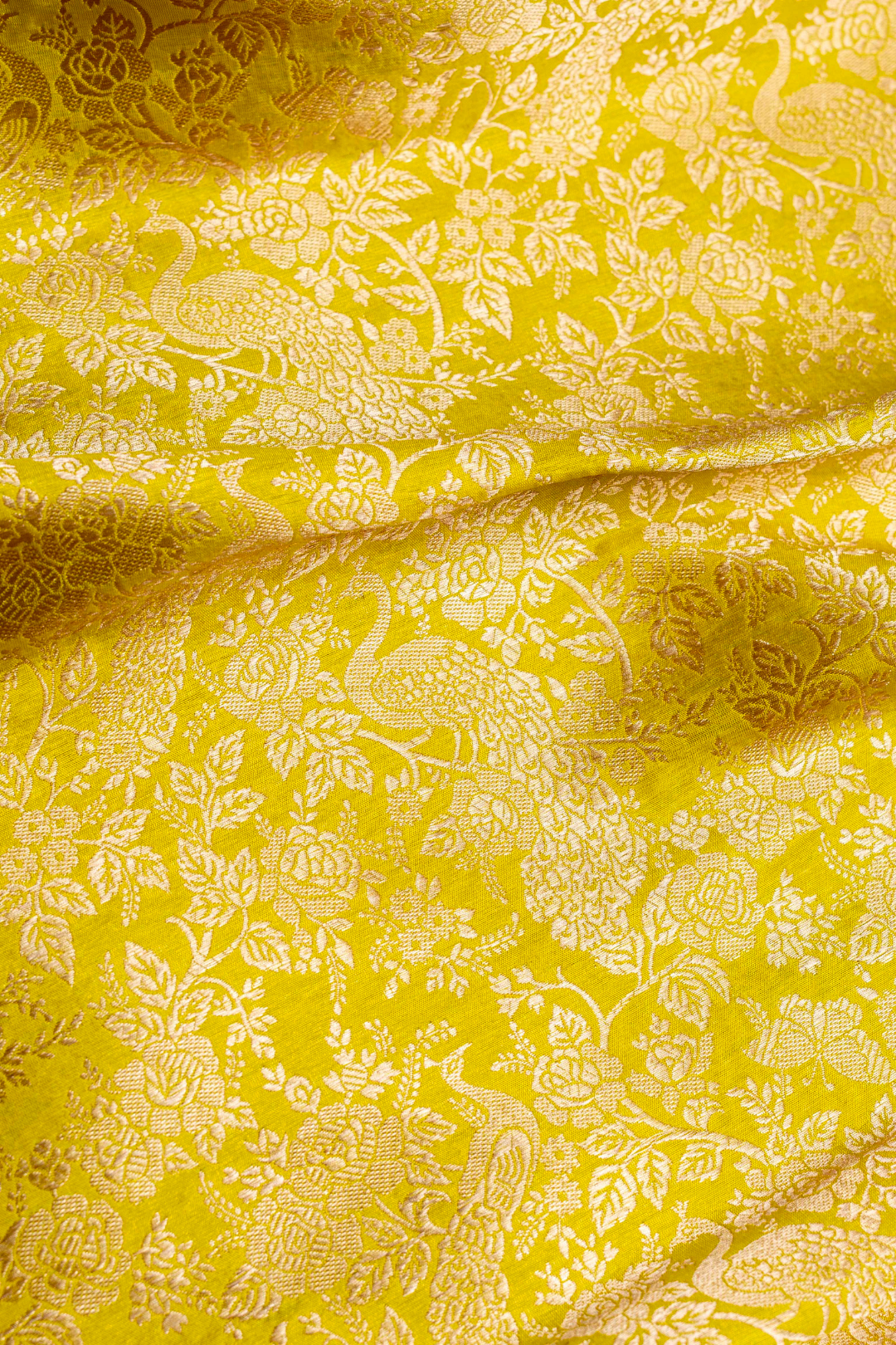 Pure Katan Silk Kadhwa Brocade Fabric in Yellow with Peacock Motifs