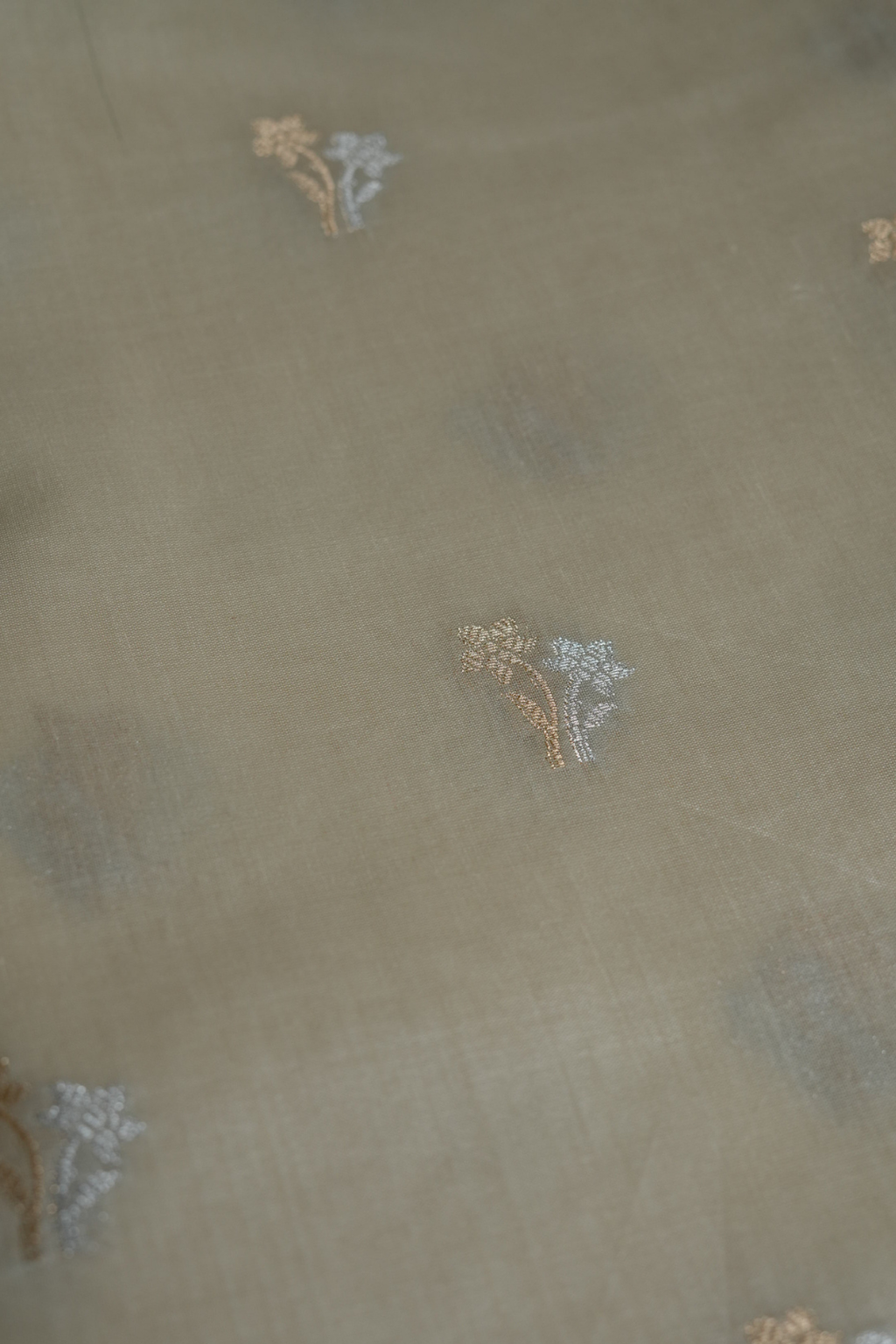 Handwoven Cream Cotton Fabric with Gold and Silver Zari Bel and Floral Motifs
