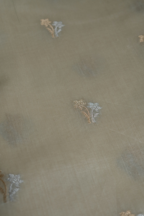 Handwoven Cream Cotton Fabric with Gold and Silver Zari Bel and Floral Motifs
