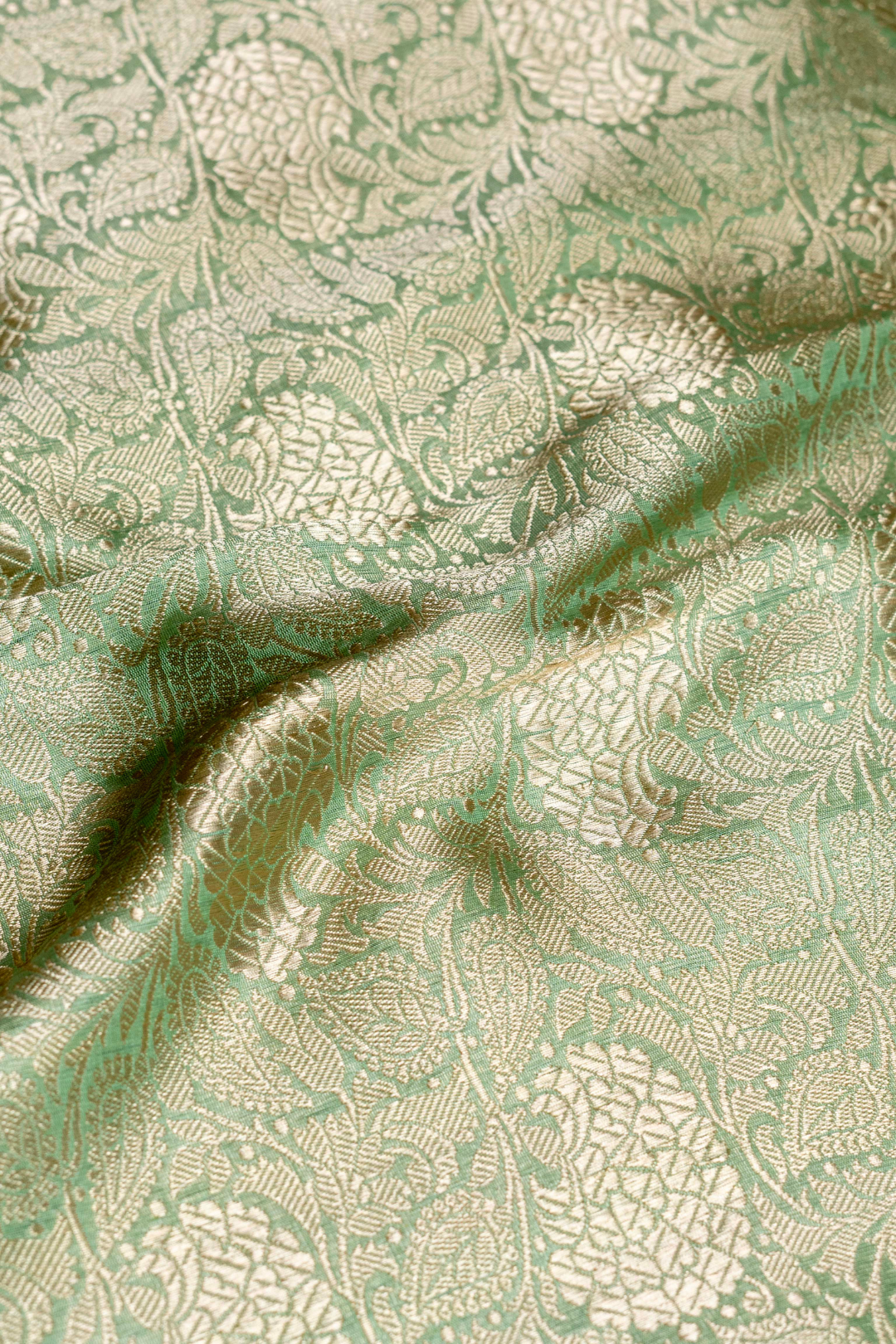 Pure Katan Silk Kadhwa Brocade Fabric in Sea Green with Floral Buti