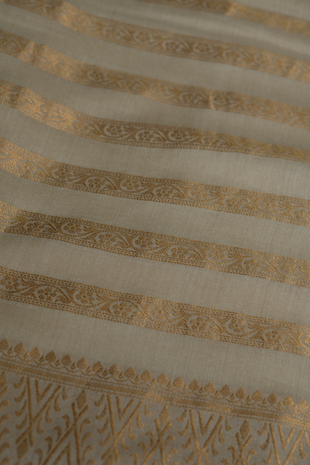 Handwoven Ivory Munga Silk Fabric with Gold Zari Stripes and Border