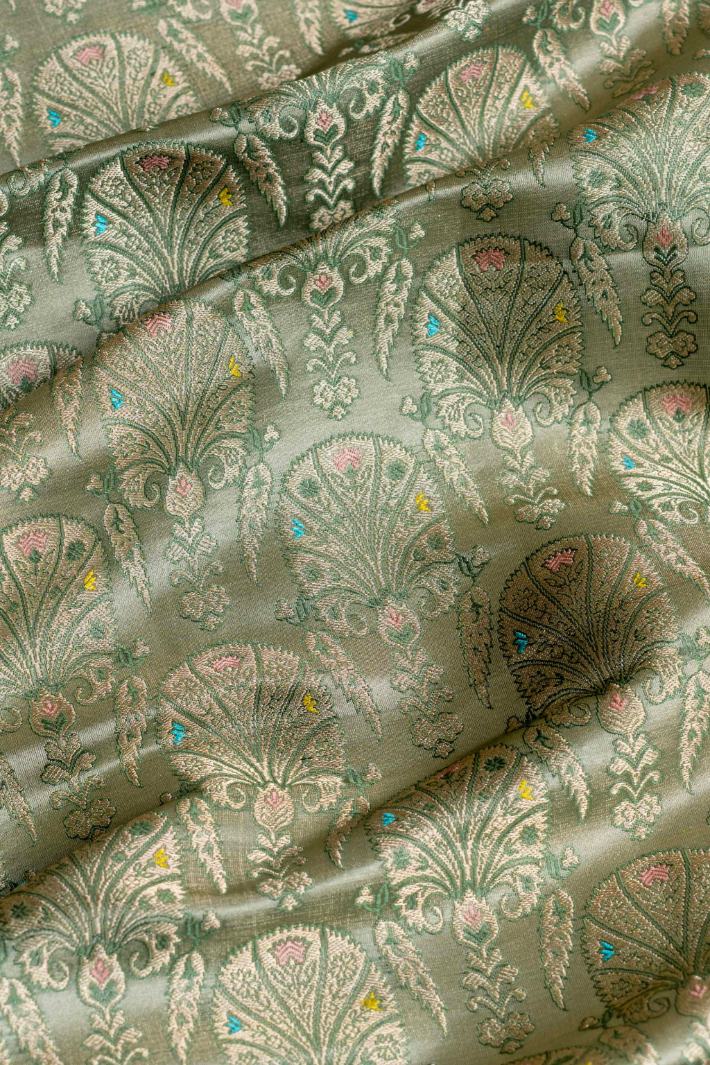 Satin Silk Kadhwa Brocade Fabric in Sea green with Peacock Motifs