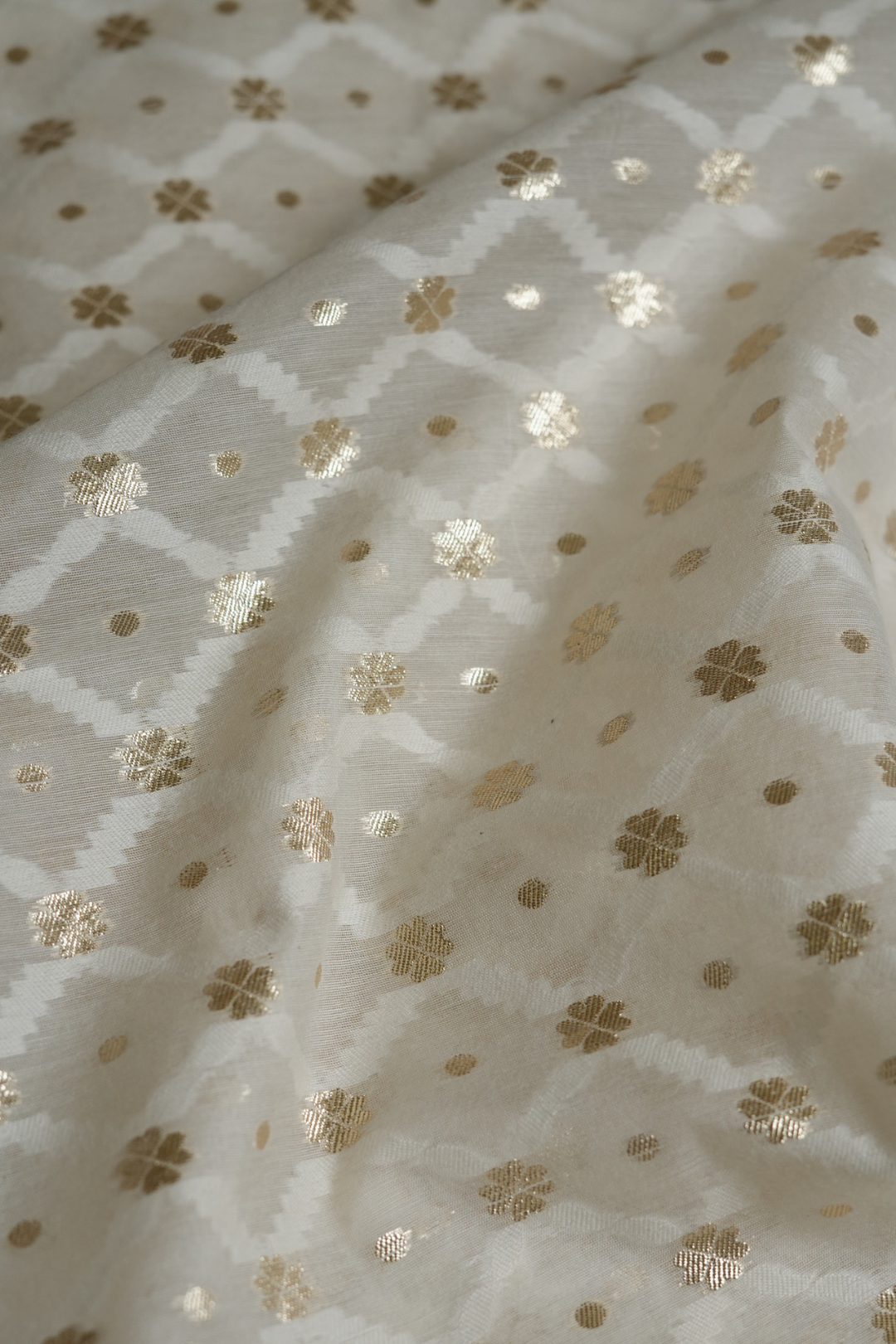 Handwoven Ivory Cotton Fabric with Gold Zari Floral motifs