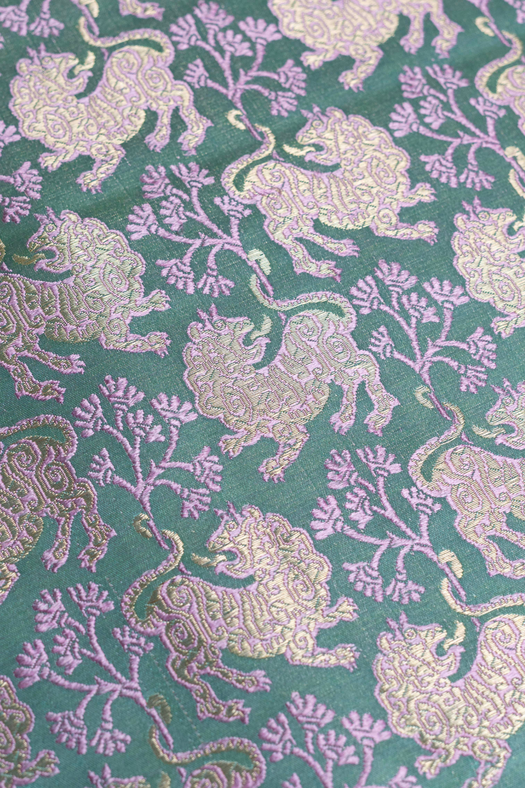 Handwoven Sea Green Satin Silk Kadhwa Fabric with Shikargah