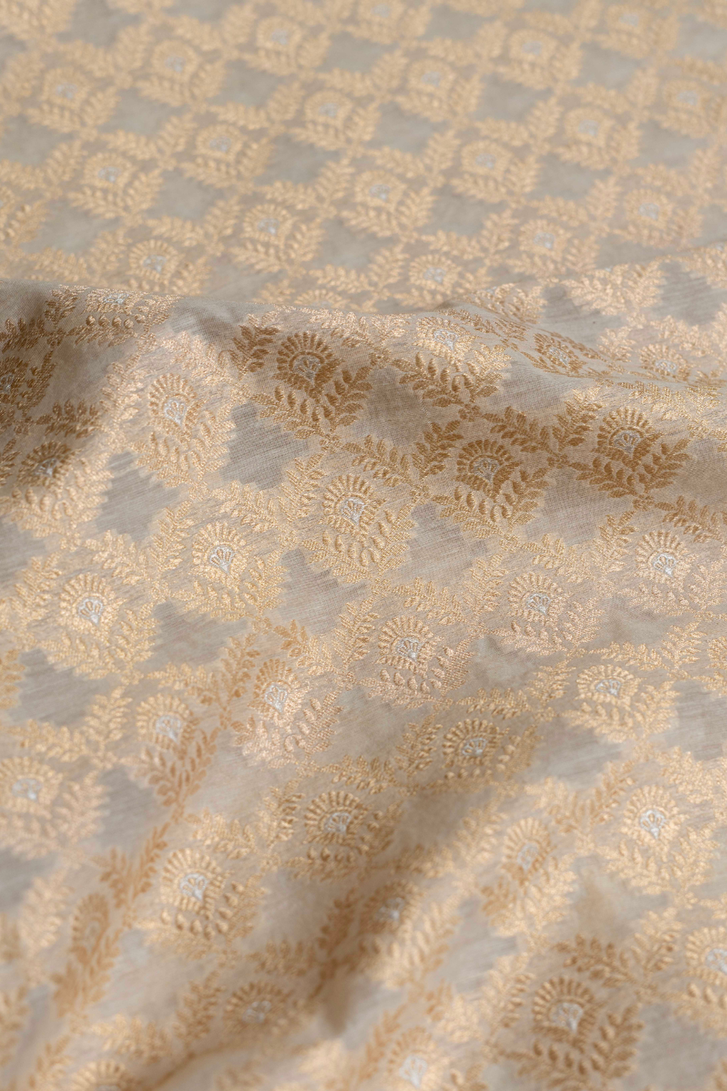 Handwoven Cream Cotton Fabric with Gold Zari