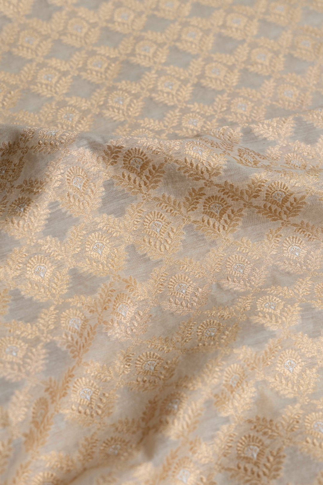 Handwoven Cream Cotton Fabric with Gold Zari