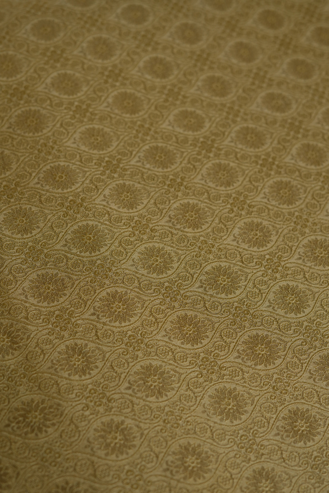 Semi Silk Brocade Fabric in Golden with Floral and Paisley Motifs
