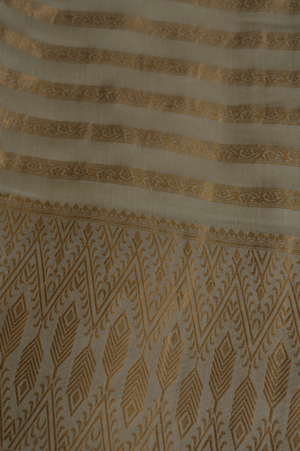 Handwoven Ivory Munga Silk Fabric with Gold Zari Stripes and Border