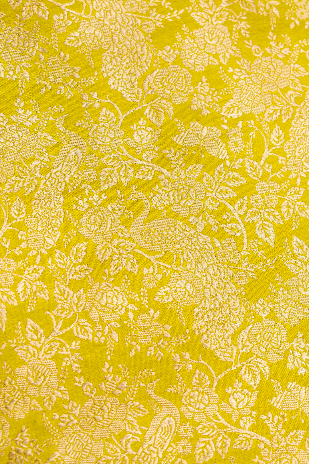 Pure Katan Silk Kadhwa Brocade Fabric in Yellow with Peacock Motifs