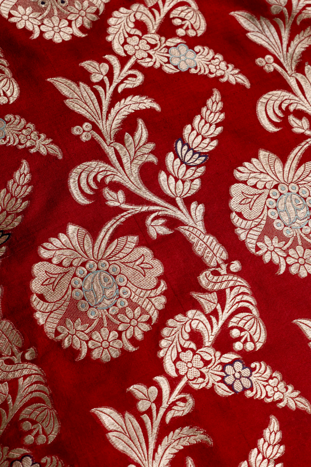 Handwoven Red Pure Katan Silk Brocade Fabric