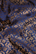 Semi Satin Silk Fabric in Navy Blue with Gold Geometric Motifs