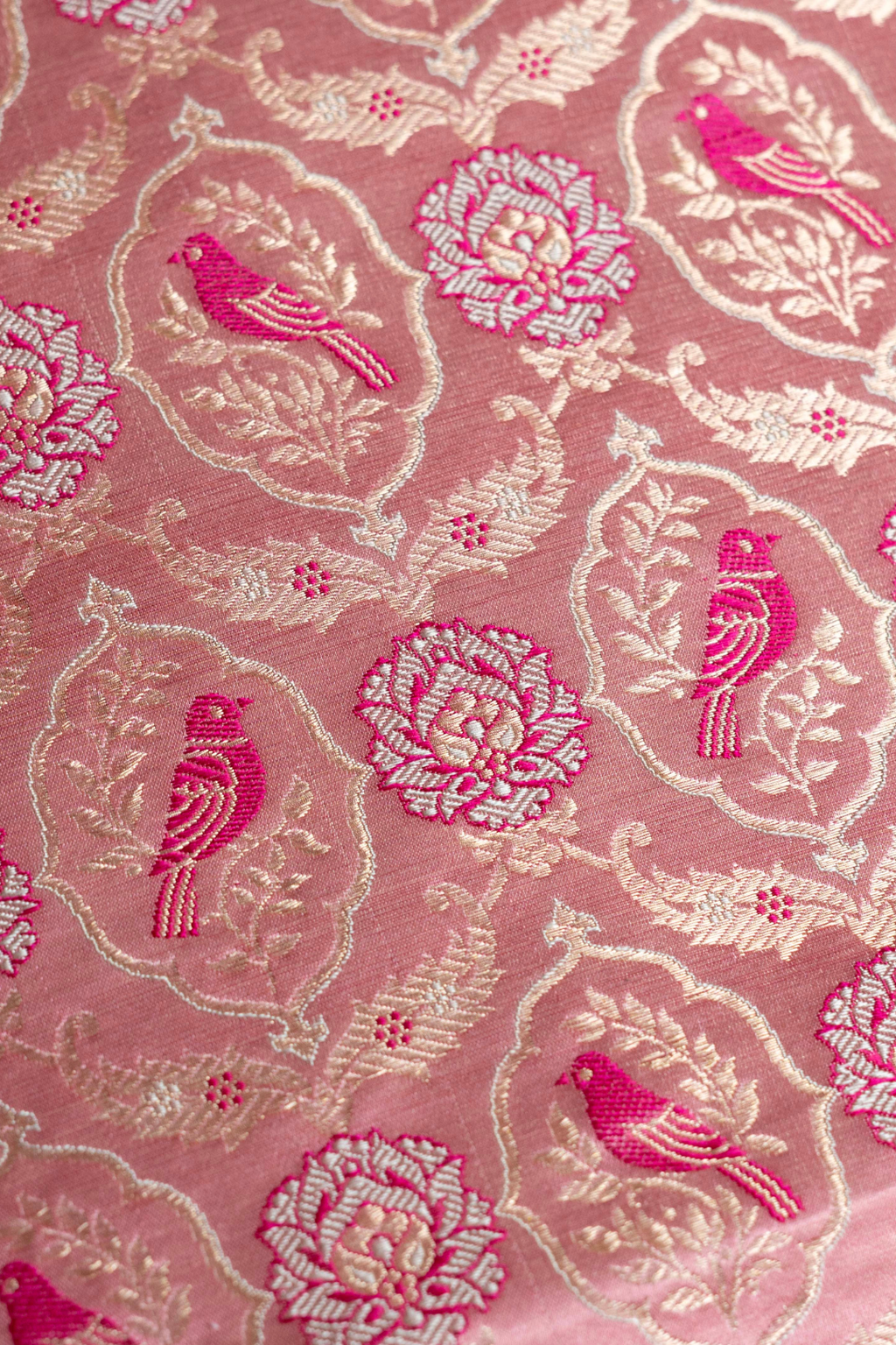 Handwoven Pink Satin Silk Kadhwa Fabric with Shikargah