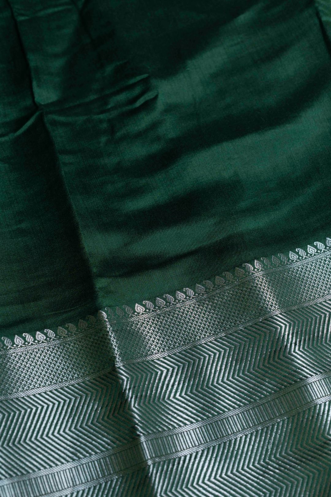 Handwoven Green Munga Silk Fabric with Silver Border