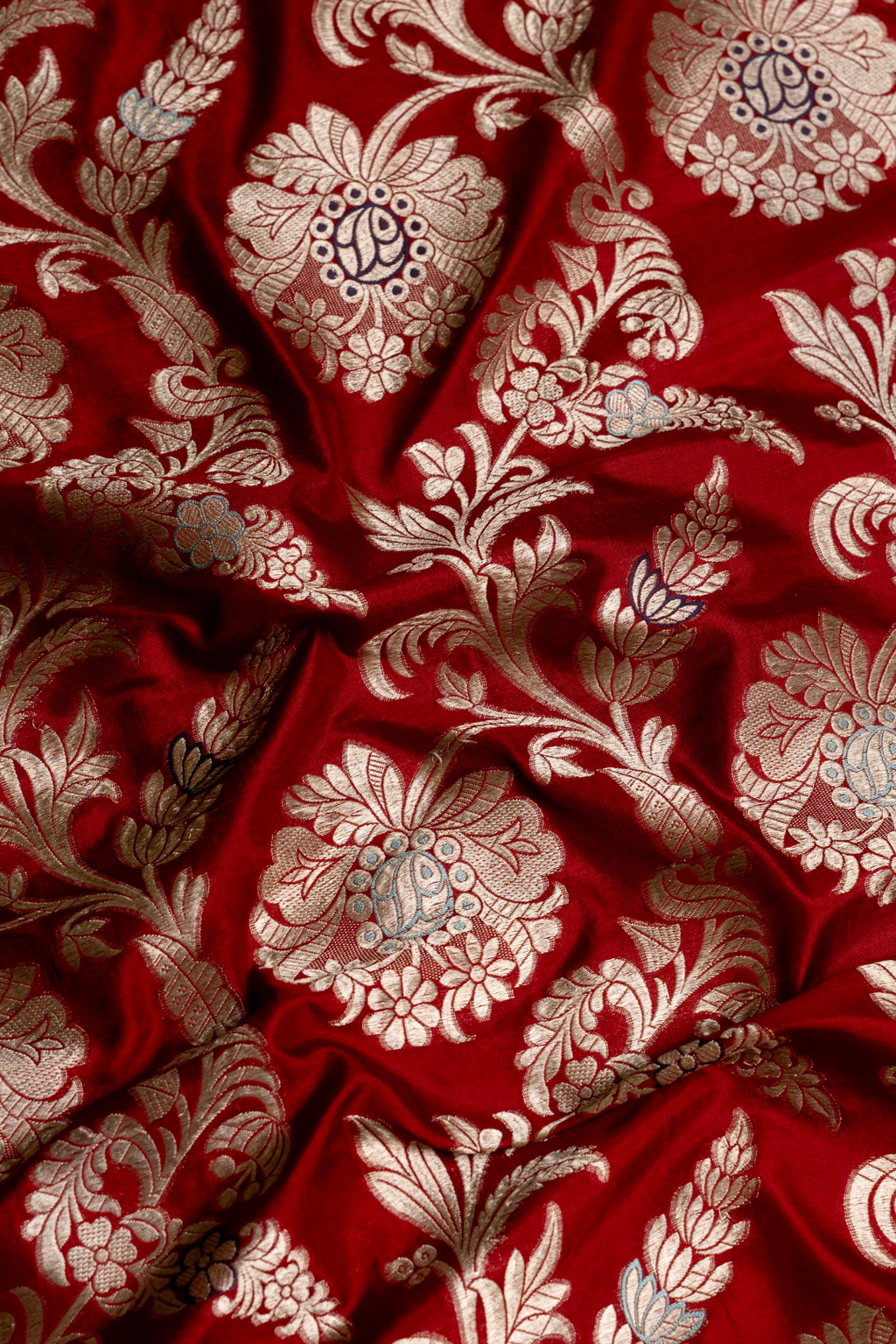 Handwoven Red Pure Katan Silk Brocade Fabric