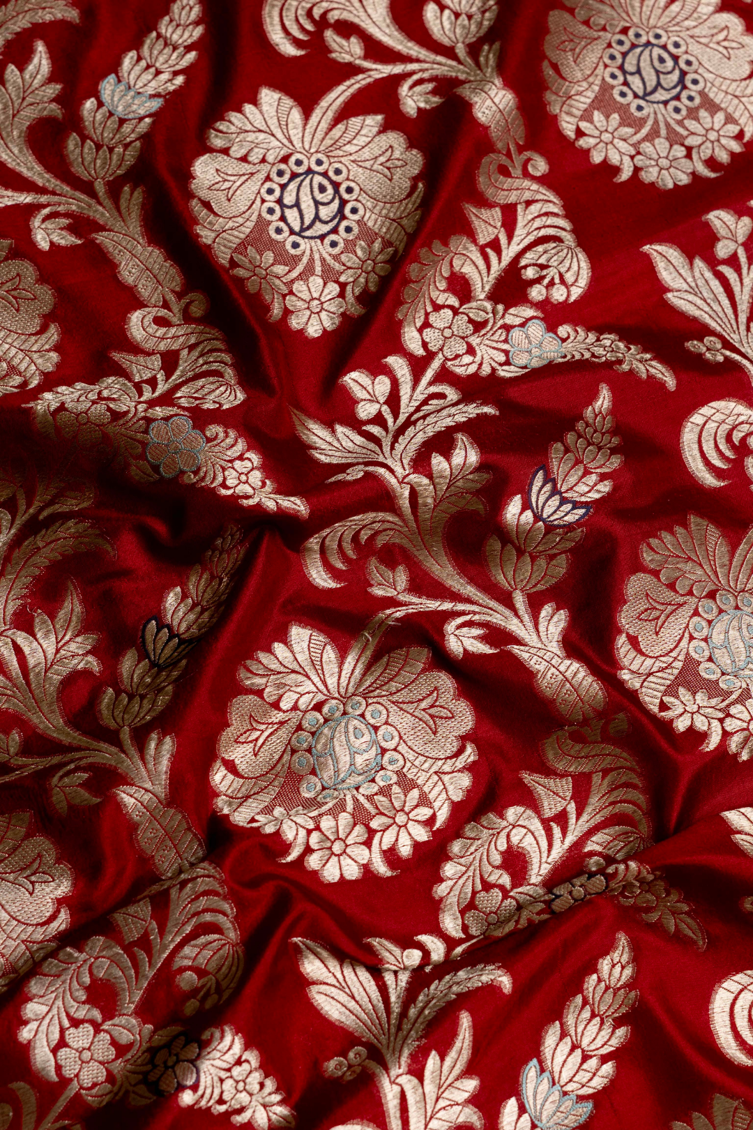 Handwoven Red Pure Katan Silk Brocade Fabric