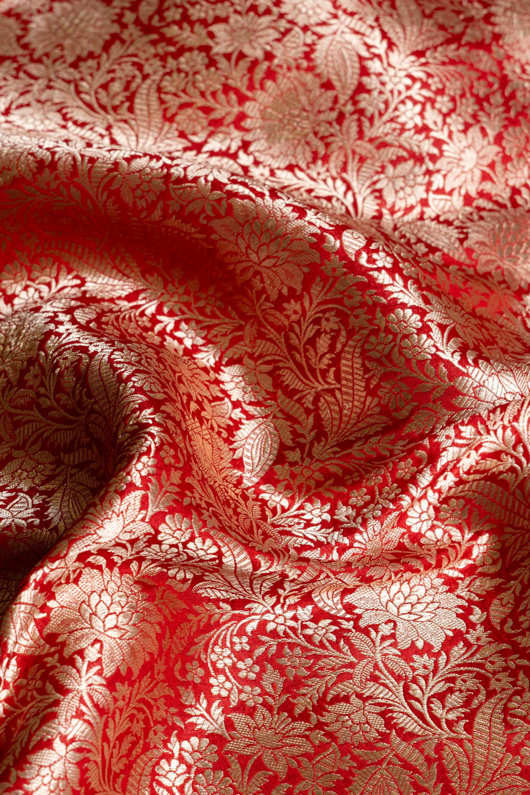 Handwoven Red Katan Silk Kadhwa Jaal Brocade Fabric