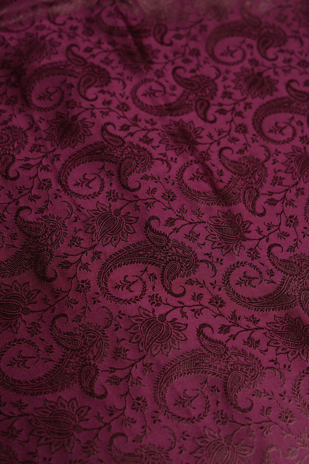 Semi Satin Silk Fabric in Coffee Brown with Paisley and Floral Motifs