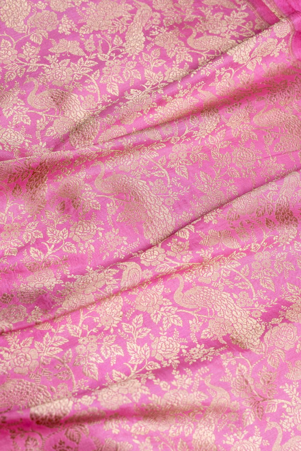 Pure Katan Silk Kadhwa Brocade Fabric in Pink with Peacock Motifs