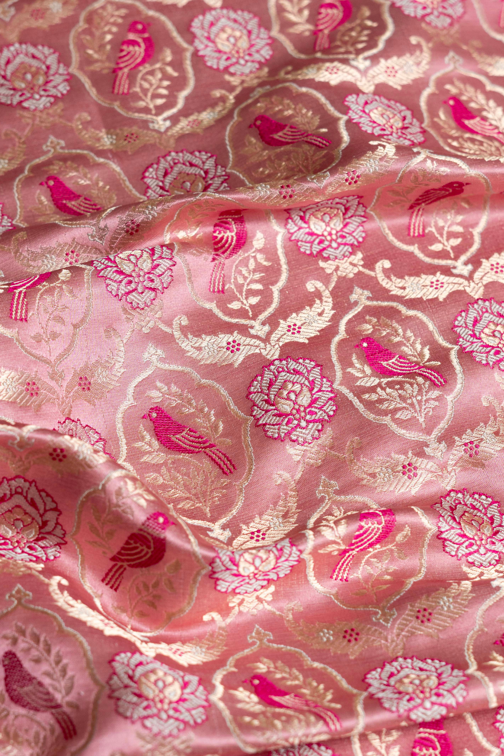 Handwoven Pink Satin Silk Kadhwa Fabric with Shikargah