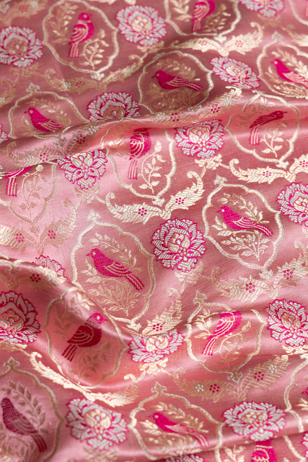 Handwoven Pink Satin Silk Kadhwa Fabric with Shikargah