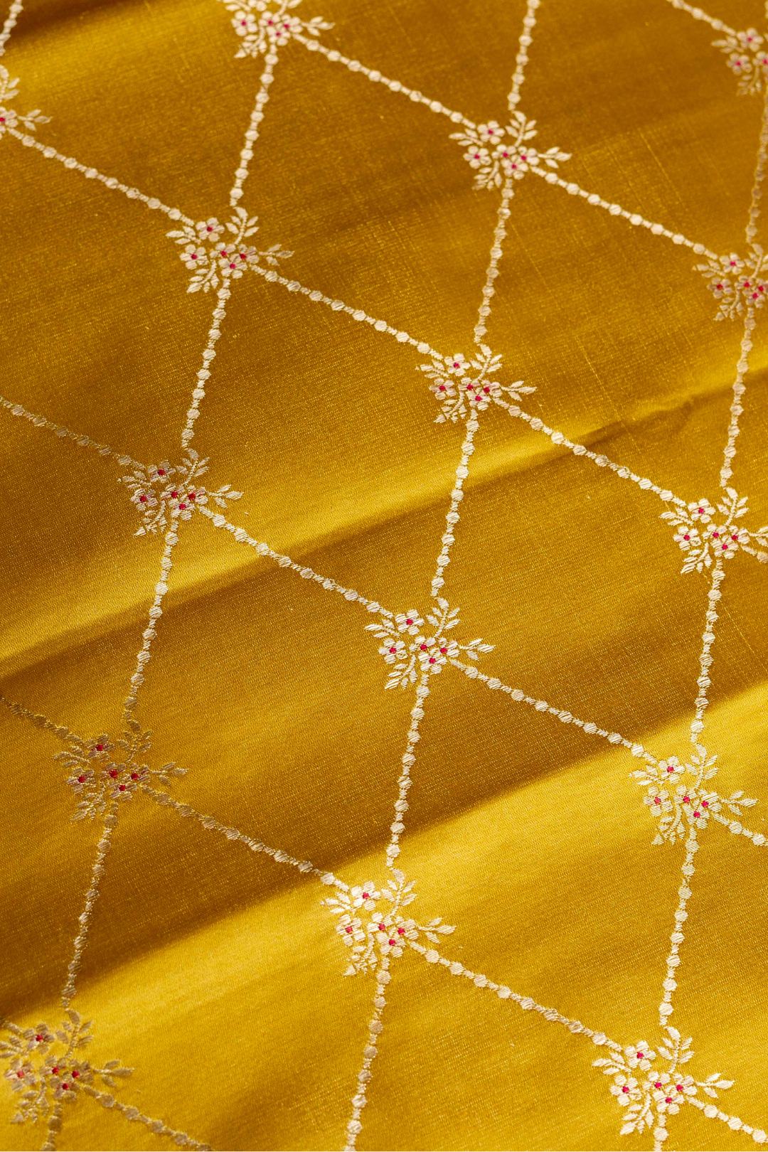 Pure Satin Silk Kadhwa Jaal Brocade Fabric in Mustard Yellow