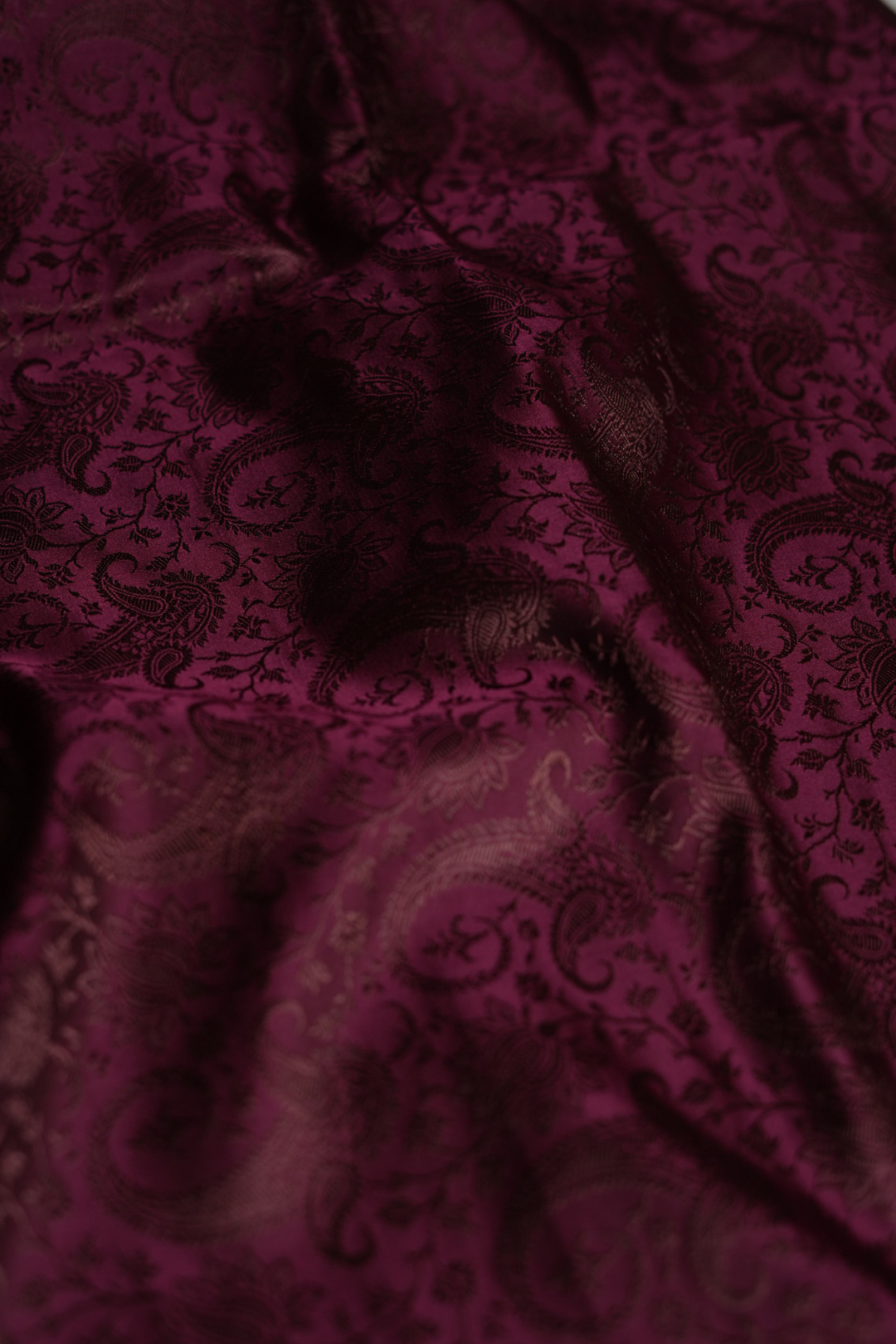 Semi Satin Silk Fabric in Coffee Brown with Paisley and Floral Motifs