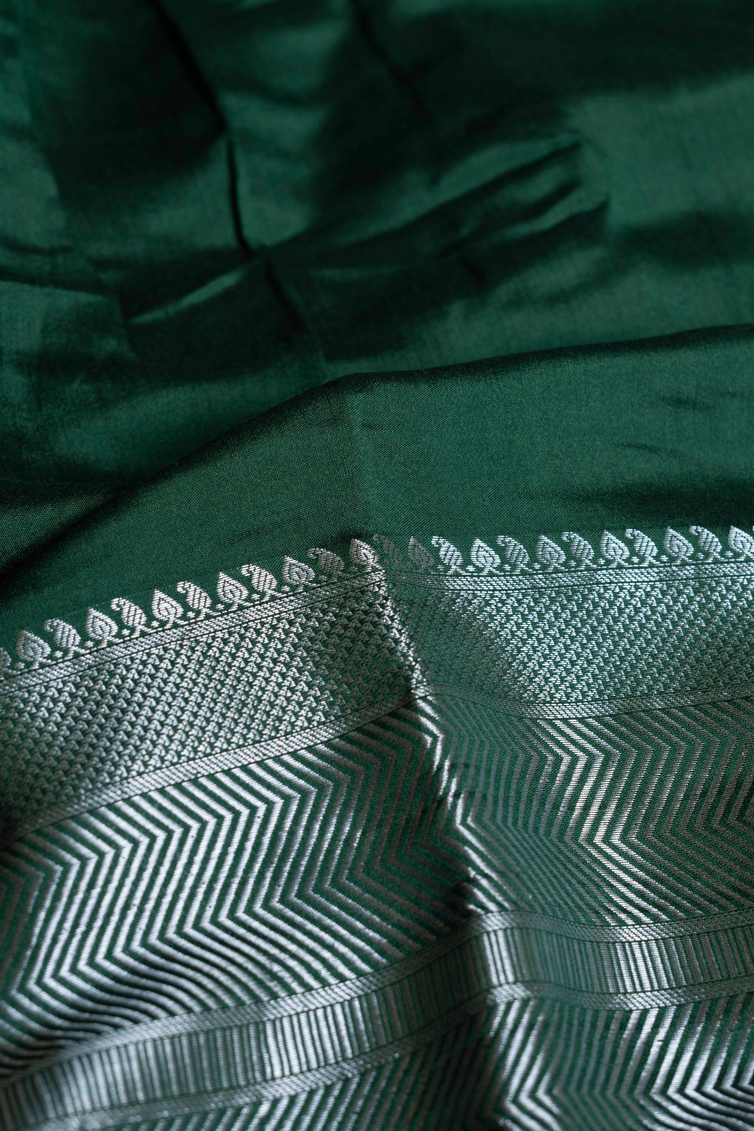 Handwoven Green Munga Silk Fabric with Silver Border