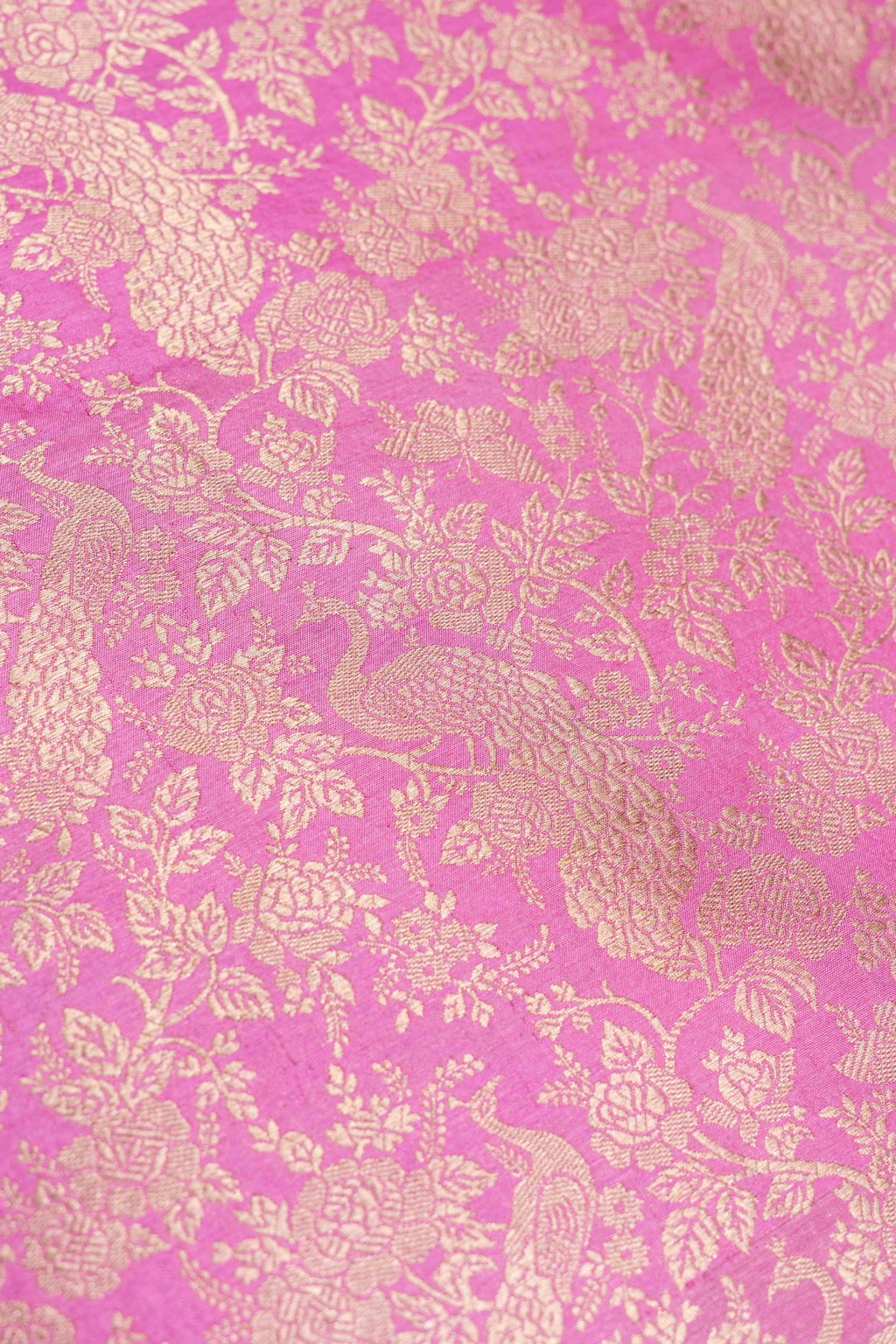 Pure Katan Silk Kadhwa Brocade Fabric in Pink with Peacock Motifs
