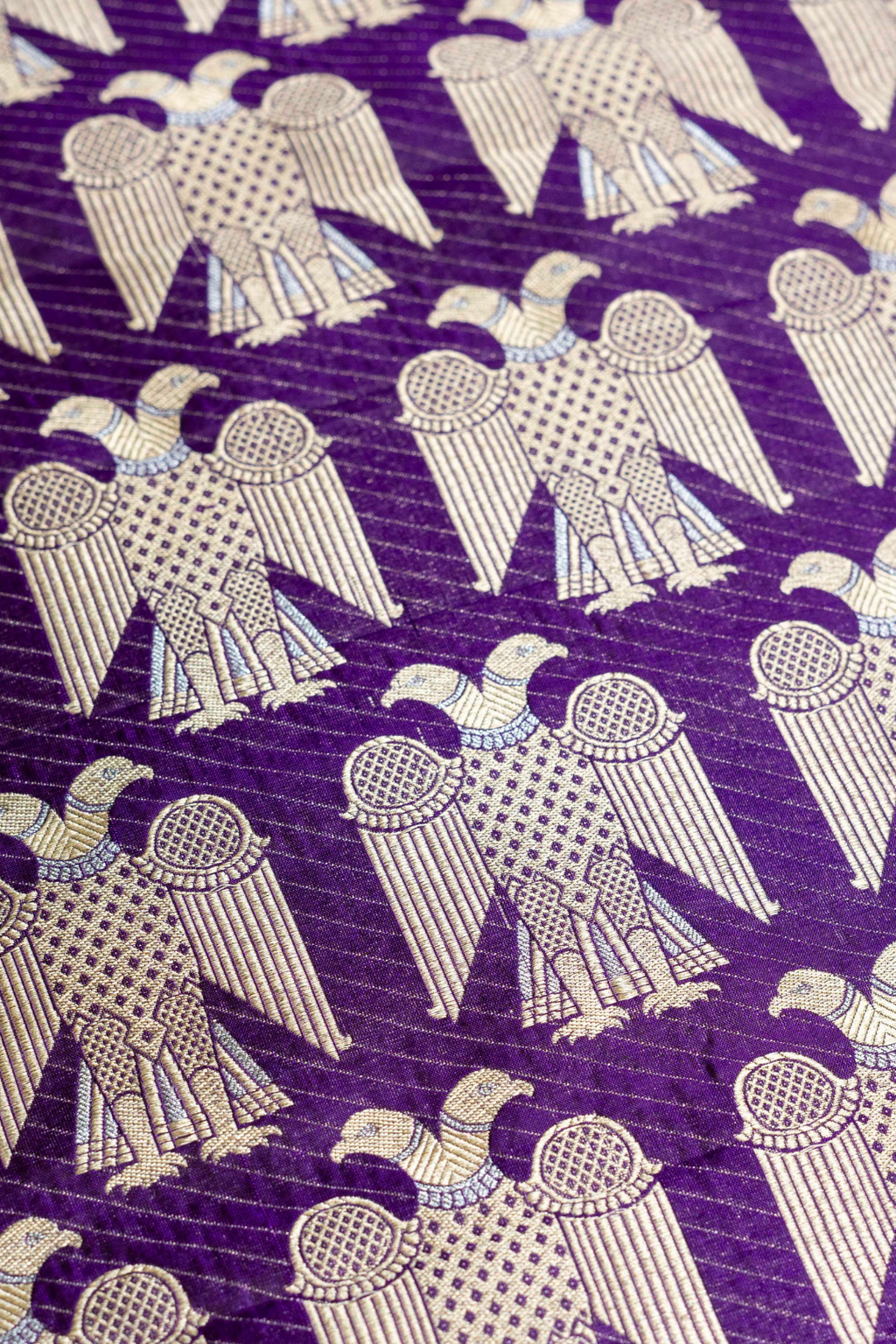 Handwoven Purple Katan Silk Kadhwa Brocade Fabric with Peacock Motifs